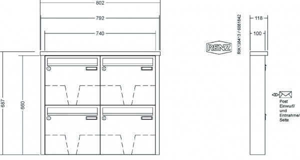 RENZ Briefkastenanlage Aufputz, Tetro, Edelstahl V4A, Kastenformat 370x330x100mm, 4-teilig